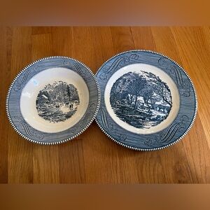 Vintage Currier & Ives Blue Dinnerware Early Winter And Old Grist Mill